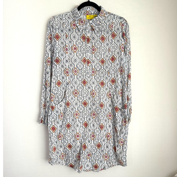 Roller Rabbit Mini Dress Medium White Blue Floral Long Sleeve Cotton Button Boho - Picture 1 of 13